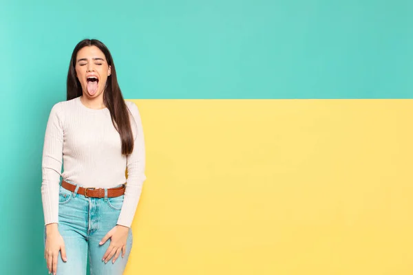 Young Pretty Woman Cheerful Carefree Rebellious Attitude Joking Sticking Tongue — Fotografia de Stock