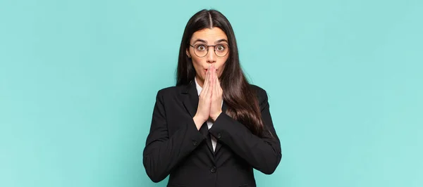 Young Pretty Woman Happy Excited Surprised Amazed Covering Mouth Hands — Fotografia de Stock