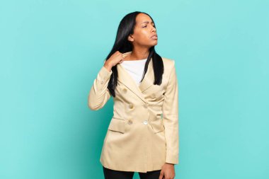 young black woman feeling stressed, anxious, tired and frustrated, pulling shirt neck, looking frustrated with problem. business concept