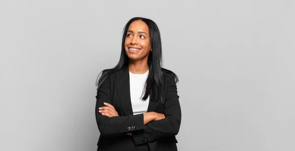 Young Black Woman Feeling Happy Proud Hopeful Wondering Thinking Looking — Stock Photo, Image