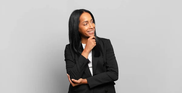 Young Black Woman Smiling Happy Confident Expression Hand Chin Wondering — Stockfoto