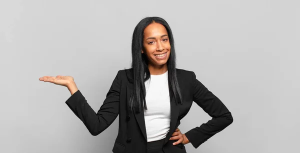 Young Black Woman Smiling Feeling Confident Successful Happy Showing Concept — Stok fotoğraf