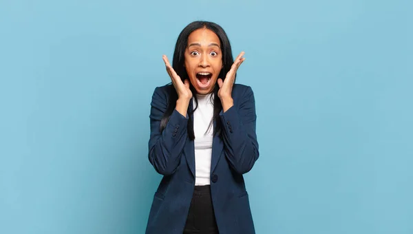 Young Black Woman Feeling Shocked Excited Laughing Amazed Happy Because — Stok fotoğraf