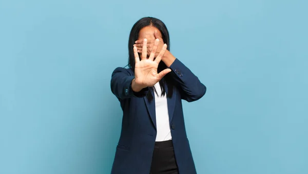 Young Black Woman Covering Face Hand Putting Other Hand Front — Stok fotoğraf