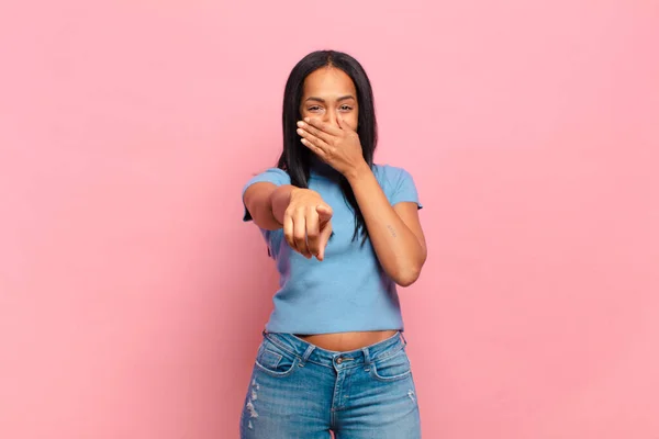 Young Black Woman Laughing You Pointing Camera Making Fun Mocking — Stok fotoğraf