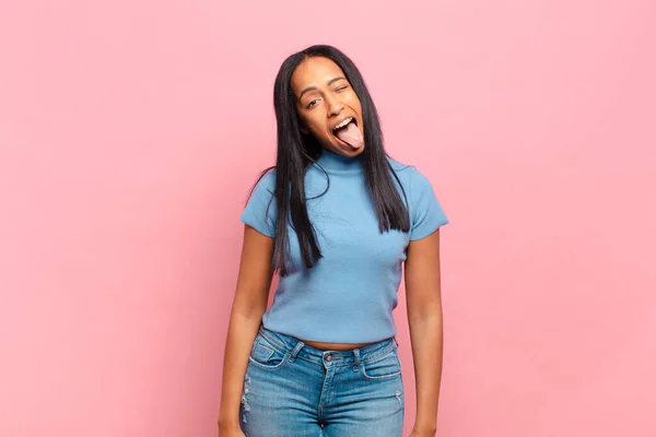 Young Black Woman Cheerful Carefree Rebellious Attitude Joking Sticking Tongue — Stock fotografie