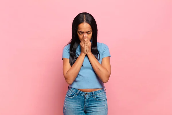 Young Black Woman Feeling Worried Hopeful Religious Praying Faithfully Palms — Stock Fotó