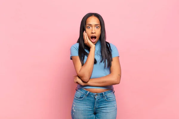 Young Black Woman Open Mouthed Shock Disbelief Hand Cheek Arm —  Fotos de Stock