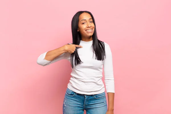 Young Black Woman Looking Happy Proud Surprised Cheerfully Pointing Self —  Fotos de Stock