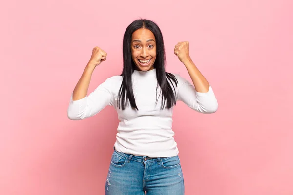 Young Black Woman Feeling Happy Surprised Proud Shouting Celebrating Success —  Fotos de Stock