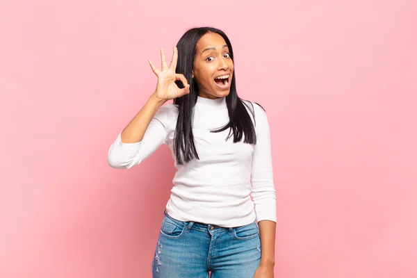 Young Black Woman Feeling Successful Satisfied Smiling Mouth Wide Open —  Fotos de Stock