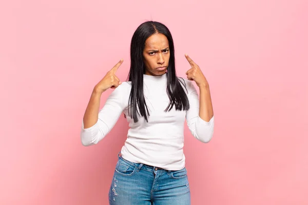 Young Black Woman Bad Attitude Looking Proud Aggressive Pointing Upwards —  Fotos de Stock