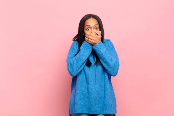 Young Black Woman Covering Mouth Hands Shocked Surprised Expression Keeping — Stok fotoğraf