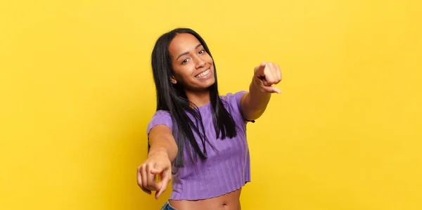 Young Black Woman Feeling Happy Confident Pointing Camera Both Hands — Stockfoto