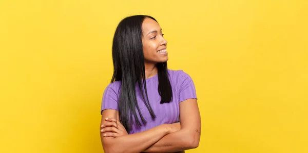 Young Black Woman Feeling Happy Proud Hopeful Wondering Thinking Looking —  Fotos de Stock