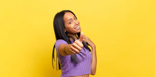 Young Black Woman Feeling Proud Carefree Confident Happy Smiling Positively — Stock Photo, Image