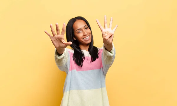 Young Black Woman Smiling Looking Friendly Showing Number Nine Ninth — Stockfoto