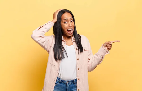 Young Black Woman Laughing Looking Happy Positive Surprised Realizing Great — Stockfoto