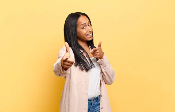 Young Black Woman Smiling Positive Successful Happy Attitude Pointing Camera — Stock Photo, Image