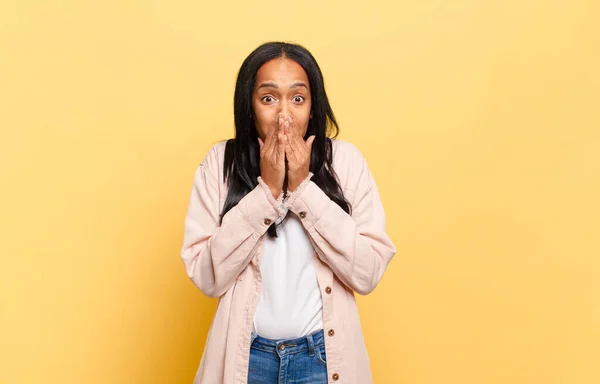 Young Black Woman Happy Excited Surprised Amazed Covering Mouth Hands —  Fotos de Stock