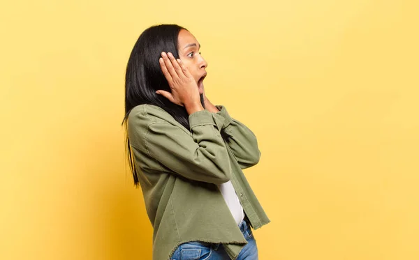 Young Black Woman Feeling Happy Excited Surprised Looking Side Both —  Fotos de Stock