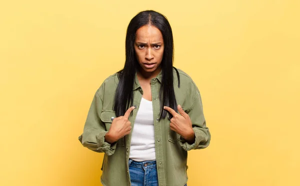 Young Black Woman Pointing Self Confused Quizzical Look Shocked Surprised —  Fotos de Stock