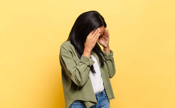 Young Black Woman Covering Eyes Hands Sad Frustrated Look Despair — Stok fotoğraf