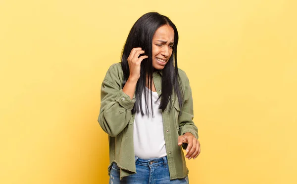 Young Black Woman Feeling Stressed Frustrated Tired Rubbing Painful Neck —  Fotos de Stock