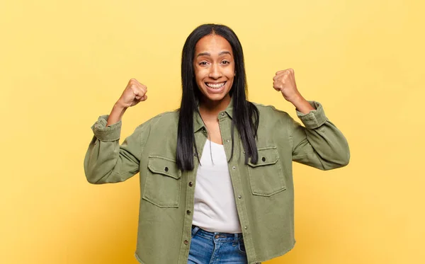 Young Black Woman Feeling Happy Positive Successful Celebrating Victory Achievements —  Fotos de Stock