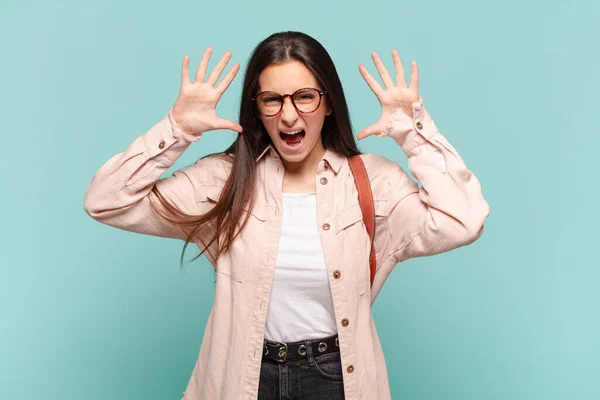 Young Pretty Woman Screaming Panic Anger Shocked Terrified Furious Hands — Stock Photo, Image