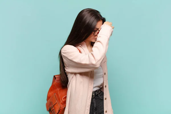 Young Pretty Woman Feeling Stressed Unhappy Frustrated Touching Forehead Suffering — Stock Photo, Image