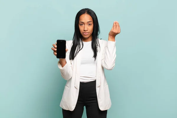 Jovem Mulher Negra Fazendo Capice Gesto Dinheiro Dizendo Lhe Para — Fotografia de Stock