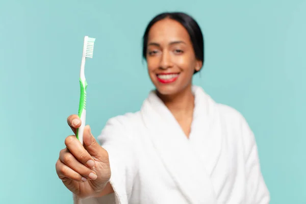 Uma Mulher Bonita Americana Expressão Feliz Surpreso Conceito Escova Dentes — Fotografia de Stock