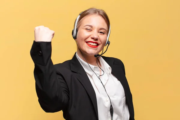 Young Pretty Woman Celebrating Triumph Winner Telemarketer Concept — Stock Photo, Image
