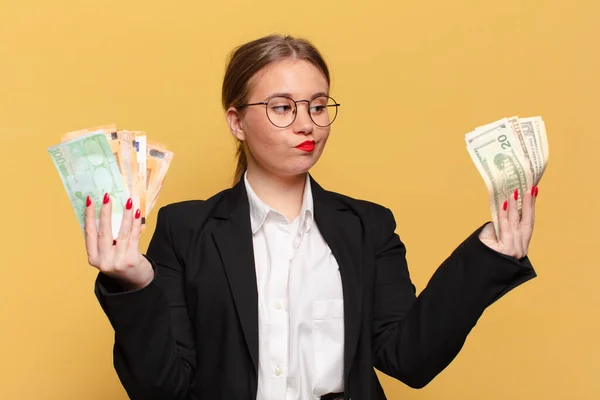 Young Pretty Woman Confused Expression Money Concept — Stock Photo, Image