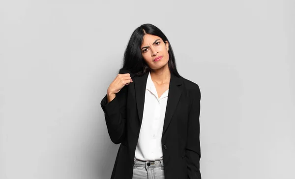 Young Hispanic Businesswoman Looking Arrogant Successful Positive Proud Pointing Self — Stock Photo, Image