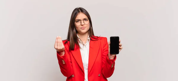 Young Businesswoman Making Capice Money Gesture Telling You Pay Your — Stock Photo, Image