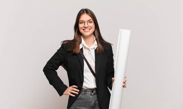 Young Pretty Architect Woman Smiling Happily Hand Hip Confident Positive — Stock Photo, Image