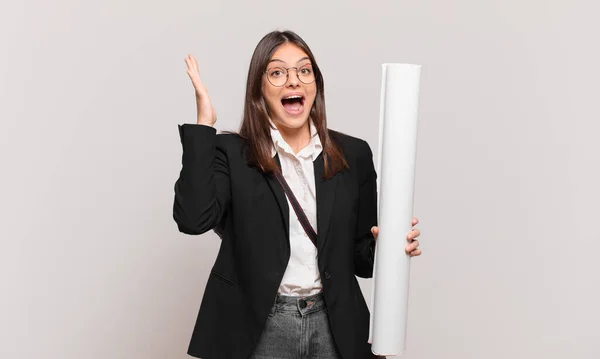 Young Pretty Architect Woman Feeling Happy Excited Surprised Shocked Smiling — Stock Photo, Image