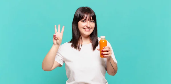 Sorrindo Olhando Amigável Mostrando Número Três Terceiro Com Mão Para — Fotografia de Stock