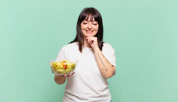 Smiling Happy Confident Expression Hand Chin Wondering Looking Side — Stock Photo, Image