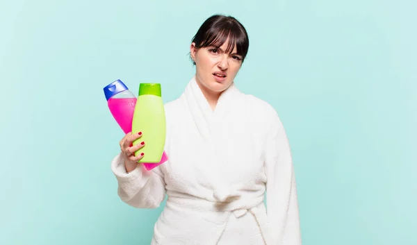 Young Woman Wearing Bathrobe Feeling Puzzled Confused Dumb Stunned Expression —  Fotos de Stock