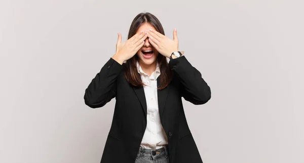 Young Business Woman Smiling Feeling Happy Covering Eyes Both Hands — Stock Photo, Image