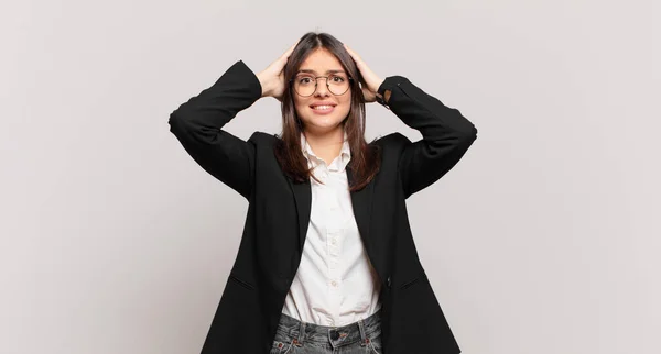 Young Business Woman Feeling Stressed Worried Anxious Scared Hands Head — Stock Photo, Image
