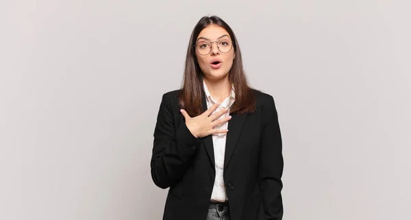 Young Business Woman Feeling Shocked Astonished Surprised Hand Chest Open — Stock Photo, Image