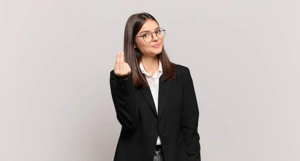 Young Business Woman Making Capice Money Gesture Telling You Pay — Stock Photo, Image