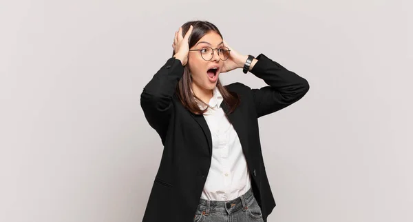 Young Business Woman Open Mouth Looking Horrified Shocked Because Terrible — Stock Photo, Image