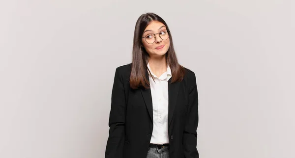 Young Business Woman Wondering Thinking Happy Thoughts Ideas Daydreaming Looking — Stock Photo, Image