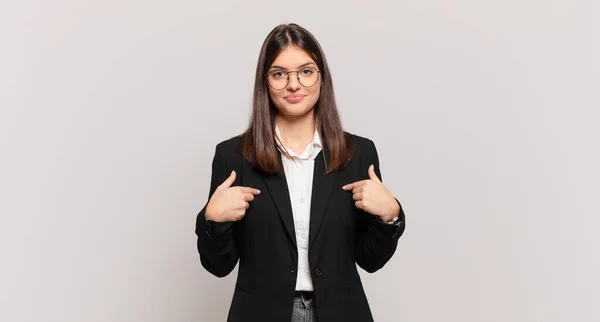 Young Business Woman Looking Proud Positive Casual Pointing Chest Both — Stock Photo, Image