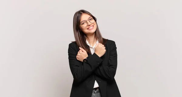 Young Business Woman Smiling Cheerfully Celebrating Fists Clenched Arms Crossed — Stock Photo, Image